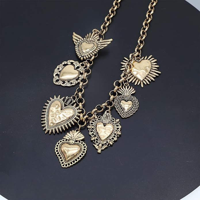 Chunky Retro Heart Necklace for Women Antique Layer Beach Ocean Moon Stars Western Boho Charm Necklaces Retro Link Chain Jewelry