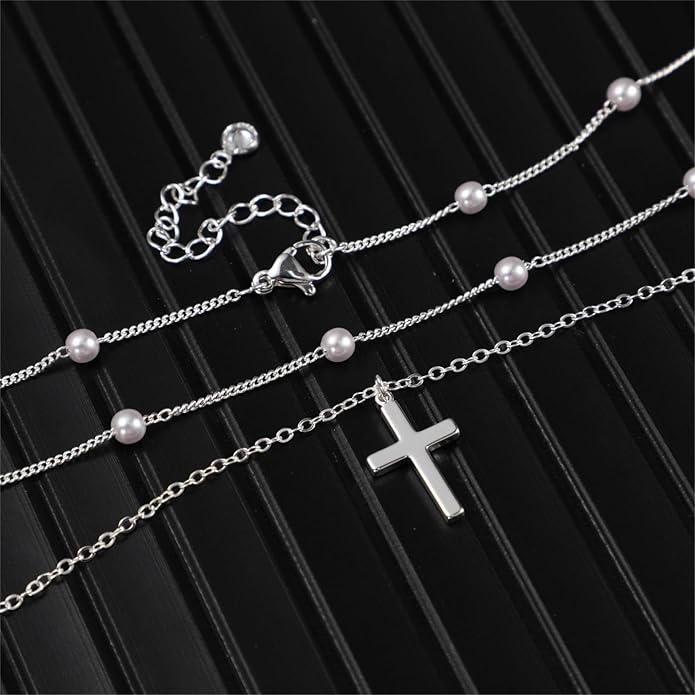 ASCOMY Layered Necklaces for Women Dainty Gold Necklace 14K Gold Plated Herringbone Necklace for Women Pearl Cross Necklace Paperclip Cuban Figaro Rope Satellite Chain Gold Choker Trendy Jewelry Gift