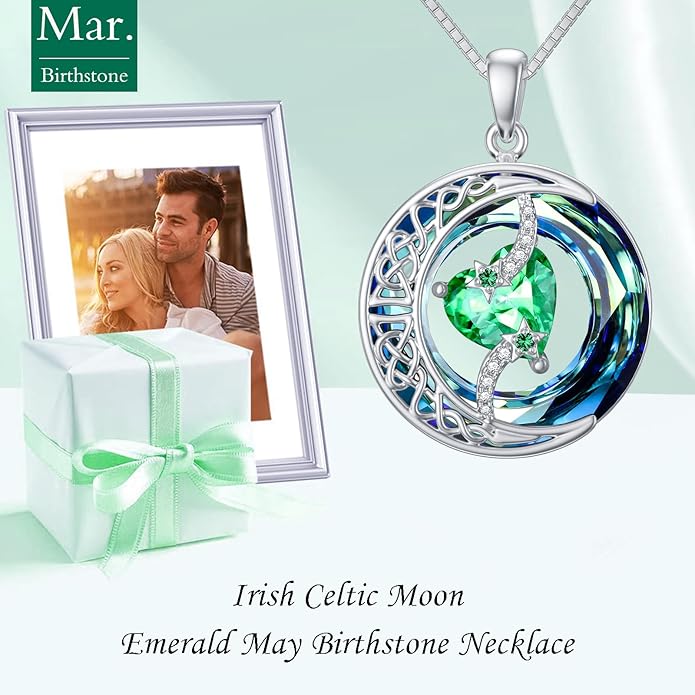 TOUPOP Birthstone Necklace 925 Sterling Silver Moon and Star Pendant with Blue Crystal Celtic Moon Jewelry Birthday Christmas Gifts for Women Mom Wife Her Daughter