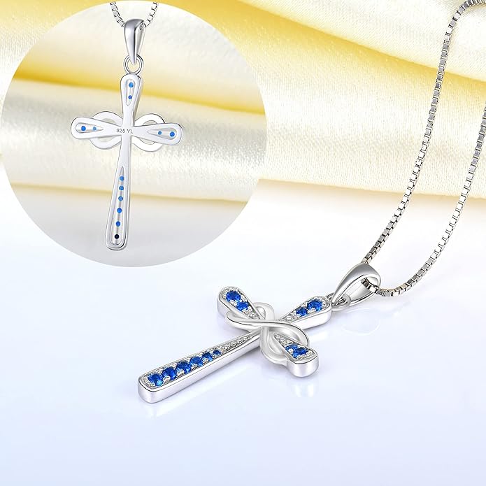 YL 925 Sterling Silver Cross Necklace for Women Halo Infinity Pendant Birthstone Jewelry for Mom