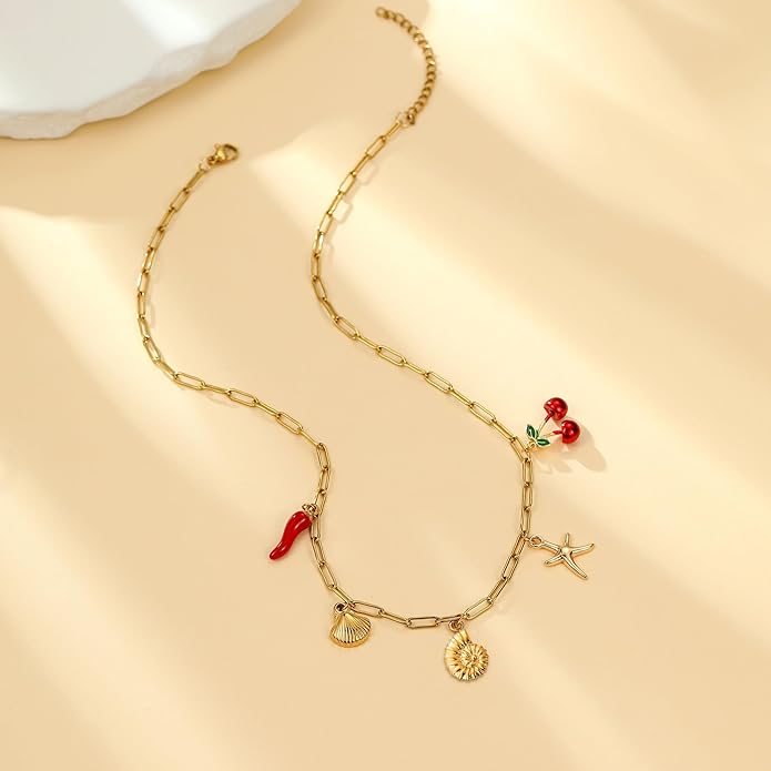 Choistily Charm Necklace Dainty Gold Western Outfit Beach Jewelry for Women Trendy Cowgirl Accessories for Women Gold Bow Sea Shell Pendant Necklace Preppy Stuff Summer Jewelry 2025