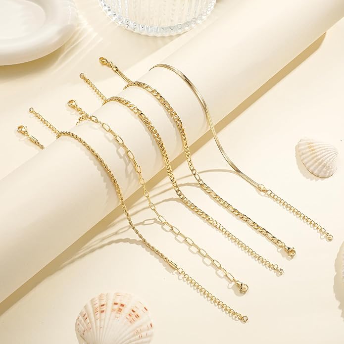 Ritach Ankle Bracelets for Women - Stainless Steel Silver/Gold Anklets for Women Waterproof Layered Cuban Link Figaro Chain Heart Anklets Set Summer Beach Jewelry Gifts