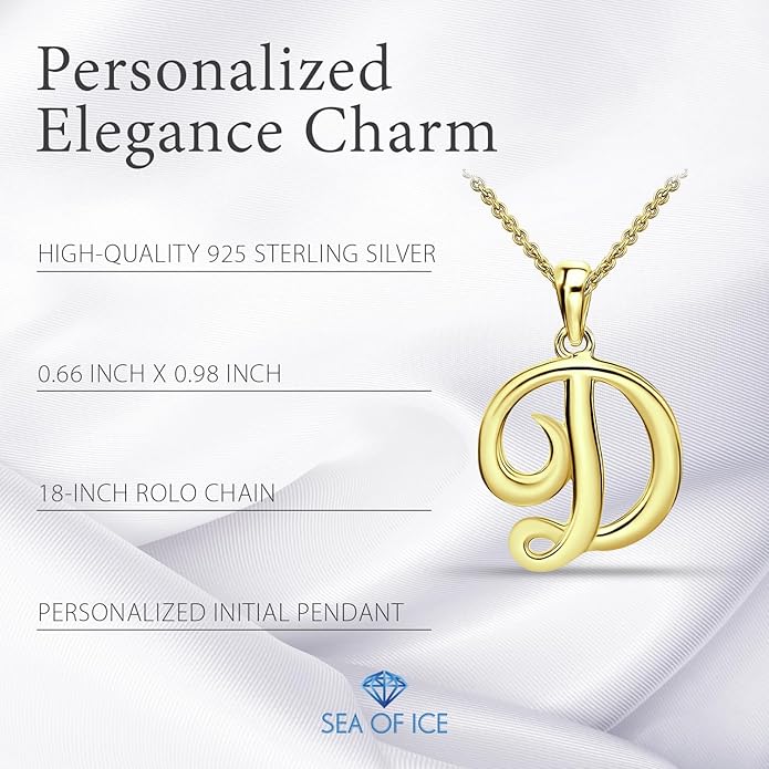 SEA OF ICE Letter Initial Necklace, Alphabet Letter Pendant Necklace, Sterling Silver, Gold, Rose Gold Necklace for Women, Elegant Initial Necklaces, Personalized Custom Women's Necklaces