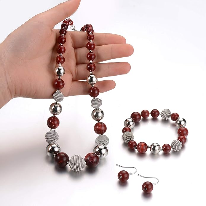 PEARL&CLUB Beaded Chunky Statement Necklace Earring and Bracelet Set Silver Metal Bead Fashion Jewelry Set Mothers’ Day Gifts for Women