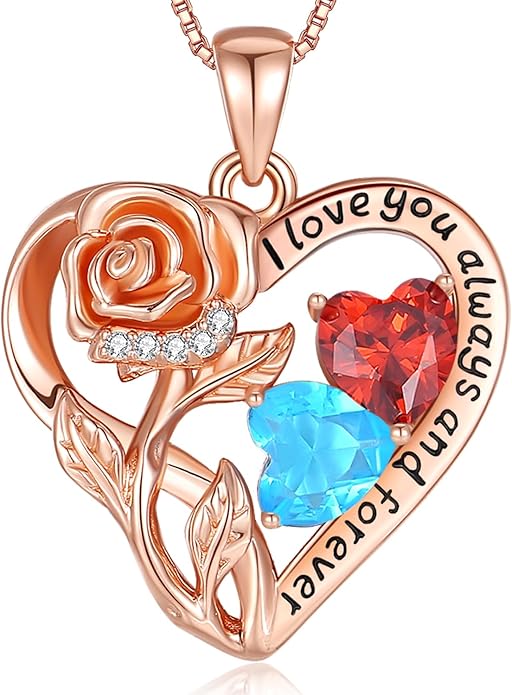 925 Sterling Silver Double Birthstone Rose Flower Heart Jewelry Necklaces for Women Anniversary Love Forever Necklaces for Her Birthday Gifts for Wife Girlfriend Mom Mothers Day Rose Gold