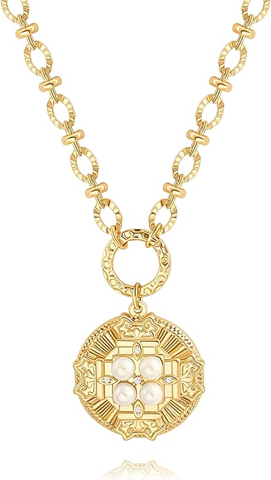 18k Gold Chain Link Necklace for Women, Baroque Pearl/Compass Pendant Necklace
