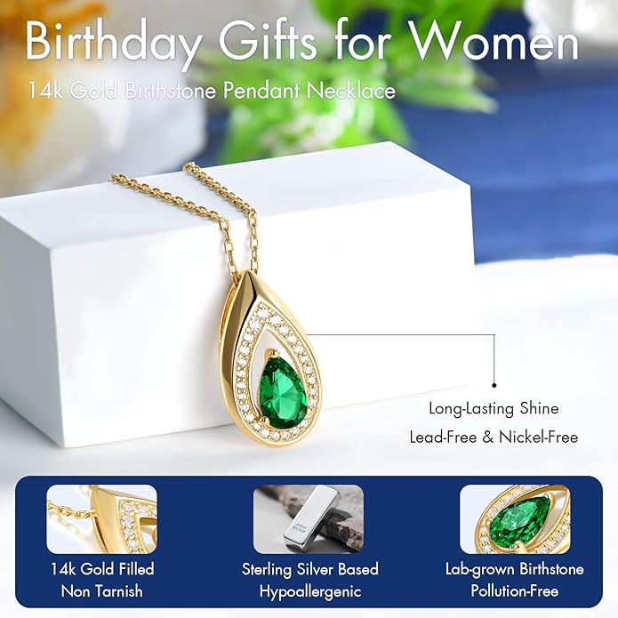 Kstyle 14K Gold Lab-Grown Moissanite/Emerald/Birthstone Pendant Necklaces for Women, Wife Girlfriend Daughter Mom Grandma Gifts, Dainty Birthday Jewelry for Her (925 Sterling Silver Base) Non Tarnish
