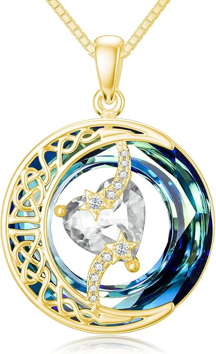 TOUPOP Birthstone Necklace 925 Sterling Silver Moon and Star Pendant with Blue Crystal Celtic Moon Jewelry Birthday Christmas Gifts for Women Mom Wife Her Daughter