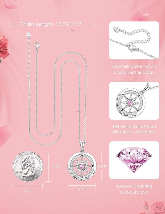 Silver Compass Necklace for Women Birthday Gifts for Wife Anniversary Necklace for Women Rose Flower Birthstone Necklaces for Wife Jewelry for Womens Girlfriend Mom Daughter