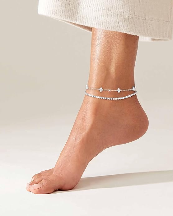 RLMOON Gold Anklets for Women CZ Ankle Bracelet 14K Gold Plated Waterproof Dainty Layered Tennis Heart Dot Chain Silver Clover Anklet Trendy Foot Jewelry