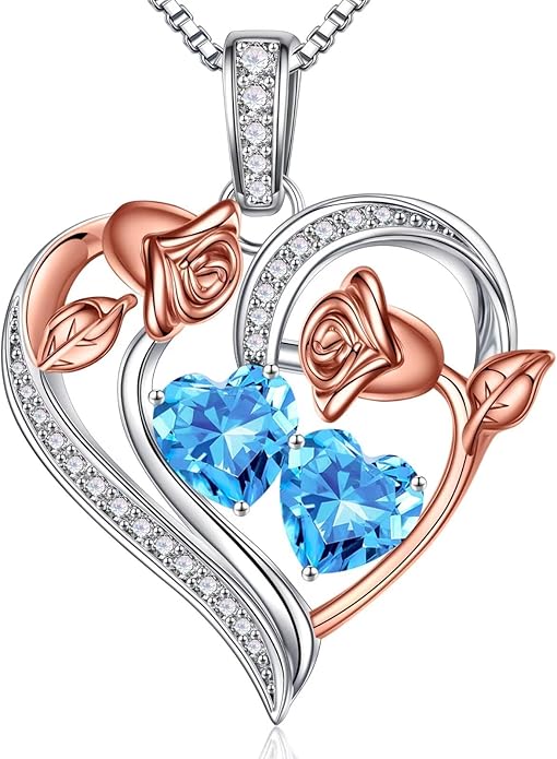 Iefil Birthstone Necklace for Women - 925 Sterling Silver Rose Heart Necklace, Birthstone Jewelry, Anniversary Birthday Gifts for Wife Girlfriend Mom Daughter