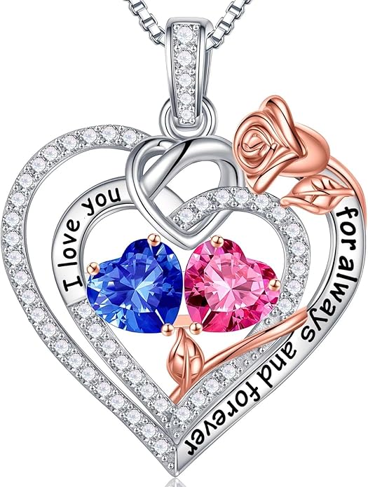 Iefil Rose Heart Necklace Gifts for Wife Women - 925 Sterling Silver Double Birthstone Necklace, Anniversary Birthday Gifts for Women, Jewelry Gift for Wife Girlfriend Mom Her