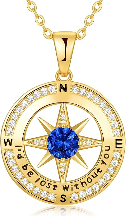 Compass Necklace Gifts for Women wife - S925 Sterling Silver Birthstone Necklaces for Women - Anniversary Birthday Gifts for Her Wife Girlfriend - Valentines Mom Mothers Day Christmas Gifts Jewelry for Women
