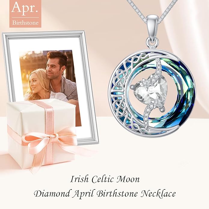 TOUPOP Birthstone Necklace 925 Sterling Silver Moon and Star Pendant with Blue Crystal Celtic Moon Jewelry Birthday Christmas Gifts for Women Mom Wife Her Daughter