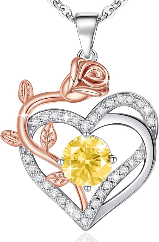 moshen Rose Heart Necklace for Women Sterling Silver Birthstone Pendant - Gift for Women on Valentine's Day, Birthday, Christmas, Anniversary, Mather's Day (11-November-Citrine Yellow)
