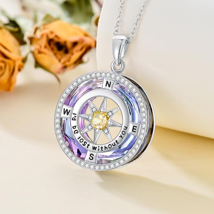 TOUPOP Compass Necklace for Women 925 Sterling Silver I'd be Lost without You Compass Pendant Birthstone Necklaces Anniversary Jewelry Birthday Gift for Girlfriend Wife Graduation Gifts for Her Daugthter