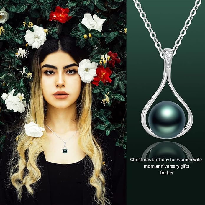 Gifts for Women-Tahitian-Black-Pearl-Necklace-Gift for Wife Wedding Birthday Anniversary-Mom Girlfriend Her Mothers Day Valentines Day Christmas-18K Gold Plated Sterling Silver Pearl Pendant NO026