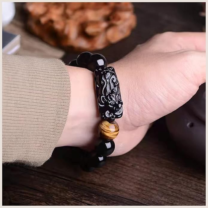 Black Obsidian Bracelet,Feng Shui Black Obsidian Wealth Bracelet for Women Men Stretch Obsidian Bracelet Bangle with Pixiu Tiger Eye Stone Attract Wealth Money and Good Luck