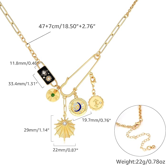 Charm Necklace for Women Gold Evil Eye Sun Moon Flower Coin Pendant Necklace Dainty Paperclip Chain Vintage Luck Amulet Choker Necklaces Celestial Jewelry Gift