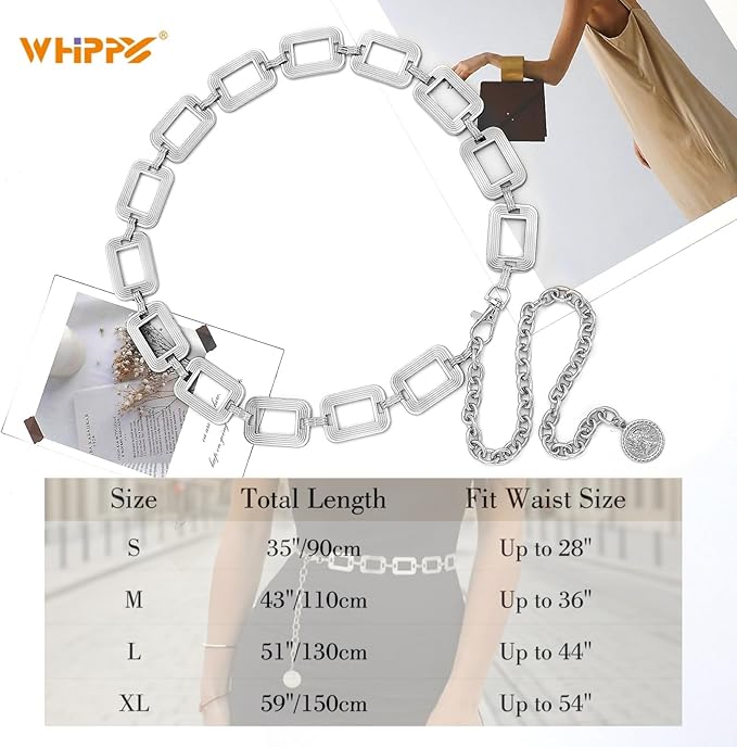 WHIPPY Metal Waist Chain Belt Women Adjustable Body Link Belts Ladies Fashion Chain for Jeans Dress