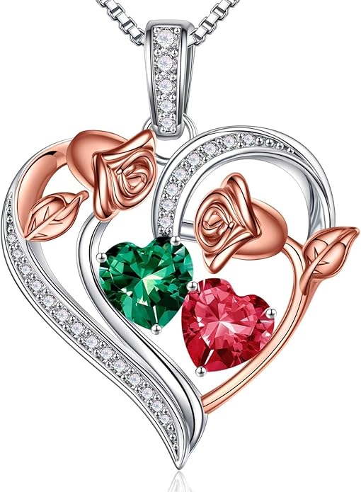Iefil Birthstone Necklace for Women - 925 Sterling Silver Rose Heart Necklace, Birthstone Jewelry, Anniversary Birthday Gifts for Wife Girlfriend Mom Daughter