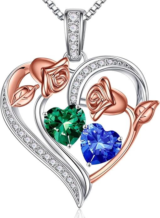Iefil Birthstone Necklace for Women - 925 Sterling Silver Rose Heart Necklace, Birthstone Jewelry, Anniversary Birthday Gifts for Wife Girlfriend Mom Daughter