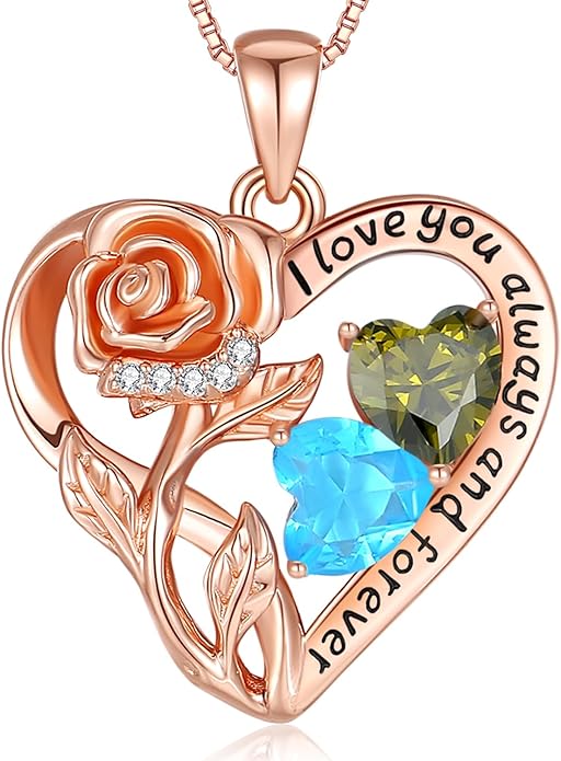 925 Sterling Silver Double Birthstone Rose Flower Heart Jewelry Necklaces for Women Anniversary Love Forever Necklaces for Her Birthday Gifts for Wife Girlfriend Mom Mothers Day Rose Gold