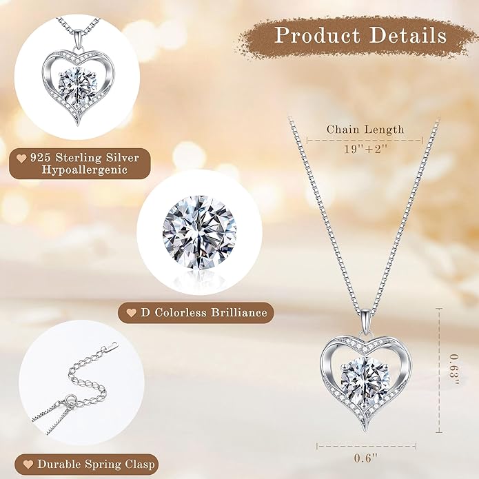 MOOSEA Moissanite Heart Pendant Necklaces for Women, 1-3ct D Color VVS1 925 Sterling Silver Anniversary Birthday Gifts for Women Wife Girlfriend Jewelry Moissanite Necklace