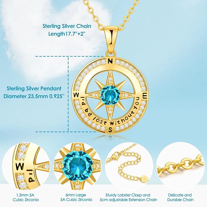 Compass Necklace Gifts for Women wife - S925 Sterling Silver Birthstone Necklaces for Women - Anniversary Birthday Gifts for Her Wife Girlfriend - Valentines Mom Mothers Day Christmas Gifts Jewelry for Women