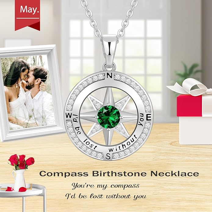 Peeshow Gifts for Women Wife-Compass Birthstone Necklace Gift for Wife Birthday Wedding Anniversary Women Jewelry for Her Girlfriend S925 Sterling Silver