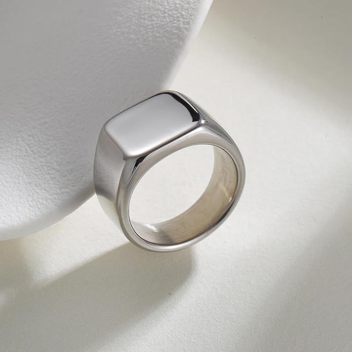 Mens Signet Rings Stainless Steel Pinky Ring for Men Women Silver/Black/Gold Square Cool Finger Ring, Gift for Dad Husband