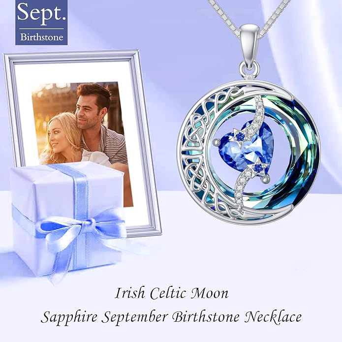 TOUPOP Birthstone Necklace 925 Sterling Silver Moon and Star Pendant with Blue Crystal Celtic Moon Jewelry Birthday Christmas Gifts for Women Mom Wife Her Daughter