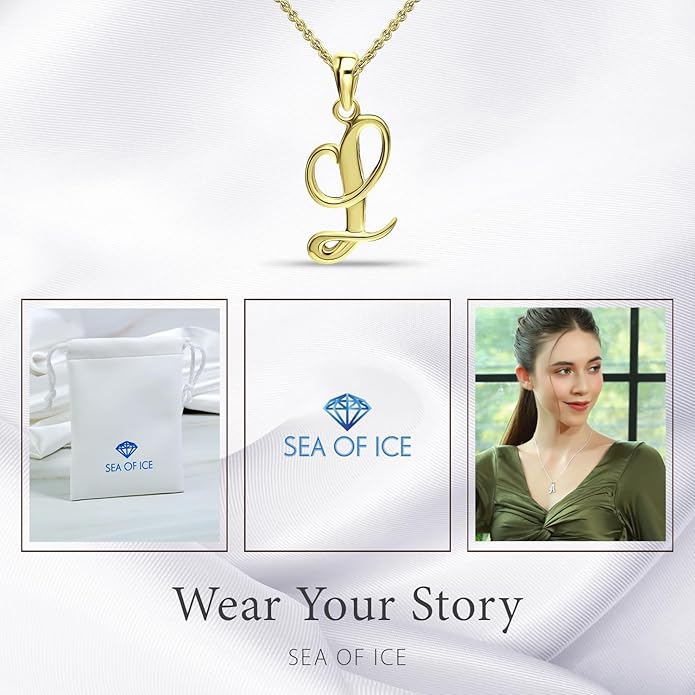 SEA OF ICE Letter Initial Necklace, Alphabet Letter Pendant Necklace, Sterling Silver, Gold, Rose Gold Necklace for Women, Elegant Initial Necklaces, Personalized Custom Women's Necklaces