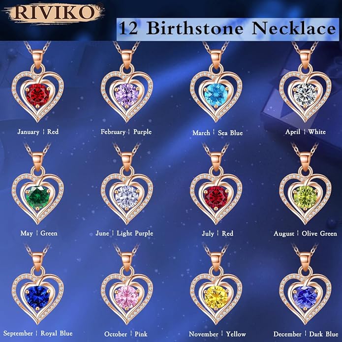 RIVIKO Heart Birthstone Pendant Necklace for Women 925 Sterling Silver Zirconia Necklaces Wedding Anniversary Birthday Mothers Day Jewelry Gifts For Her Mother Wife