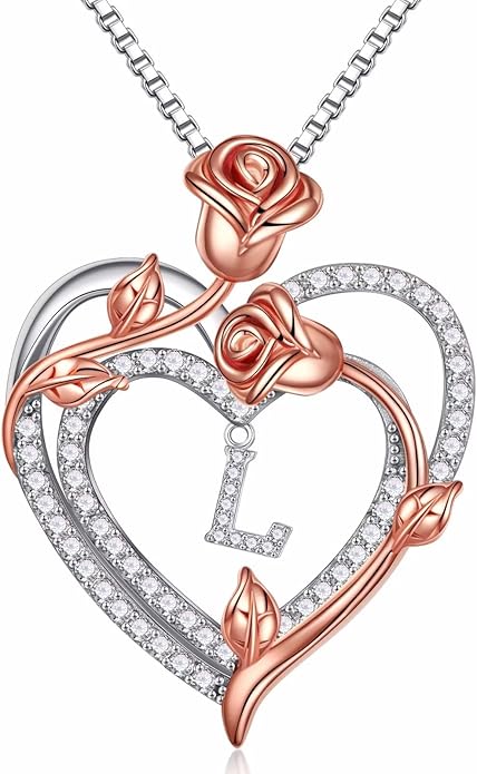 Iefil Rose Heart Necklaces Gifts for Women, 925 Sterling Silver Rose Heart Initial Letter Necklace for Her Mom Wife Girlfriend