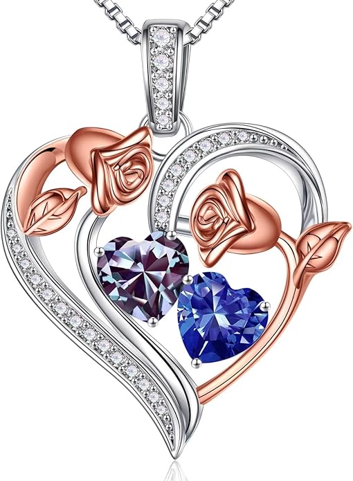 Iefil Birthstone Necklace for Women - 925 Sterling Silver Rose Heart Necklace, Birthstone Jewelry, Anniversary Birthday Gifts for Wife Girlfriend Mom Daughter