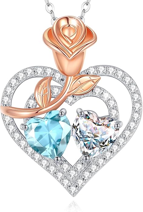 AGVANA Birthstone Necklace for Women Sterling Silver Rose Flower Heart Double Birthstone Jewelry Pendant Necklace Anniversary Birthday Gifts for Women Mom Wife Girlfriend Her