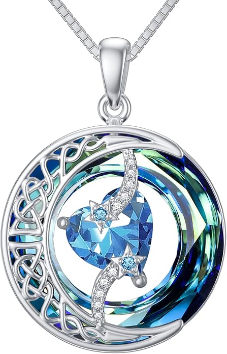 TOUPOP Birthstone Necklace 925 Sterling Silver Moon and Star Pendant with Blue Crystal Celtic Moon Jewelry Birthday Christmas Gifts for Women Mom Wife Her Daughter