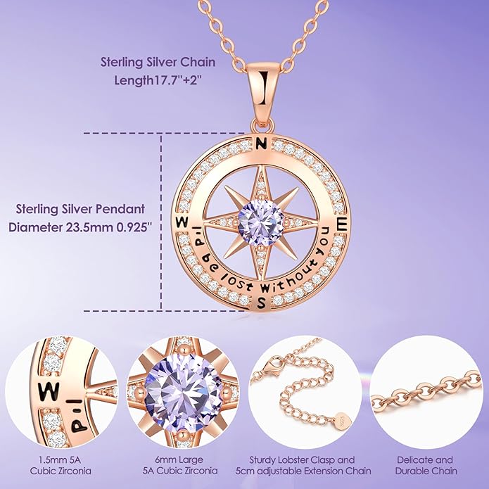 Compass Necklace Gifts for Women wife - S925 Sterling Silver Birthstone Necklaces for Women - Anniversary Birthday Gifts for Her Wife Girlfriend - Valentines Mom Mothers Day Christmas Gifts Jewelry for Women