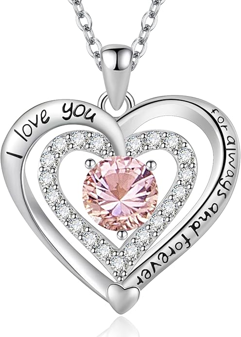 Heart Necklace, I Love You Always & Forever, Birthstone Cubic Zirconia Pendant, Gift for Women