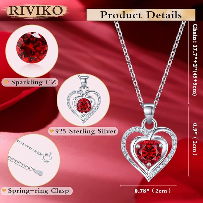 RIVIKO Heart Birthstone Pendant Necklace for Women 925 Sterling Silver Zirconia Necklaces Wedding Anniversary Birthday Mothers Day Jewelry Gifts For Her Mother Wife