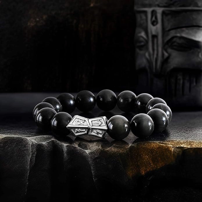 AWNL® Men's Beaded Bracelet with Sterling Silver Engraved Runes Charm 12mm Bronzite Dumortierite Obsidian Natural Gemstone Gift for Men, 6.1''-7.9''