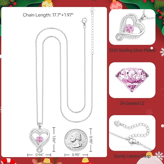 Infinity Heart Birthstone Necklace for Women Wife 18K Rose Gold Plated,Anniversary for Women Wife Her Birthday Gift for Girlfriend Mom Daughters, I Love You Women's Jewelry