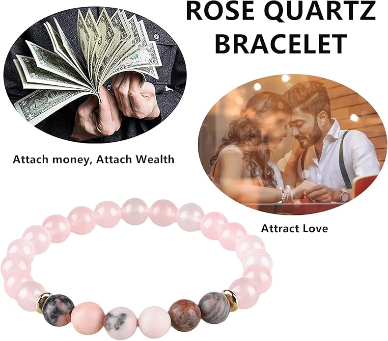 HOZEAL Rose Quartz Pink Opal Peru Crystal Bracelet, Love Friendship Crystal Stone Chakra Bracelet, Business Money Energy Wealth Good Luck Prosperity Feng Shui Beaded Bracelet for Men Women
