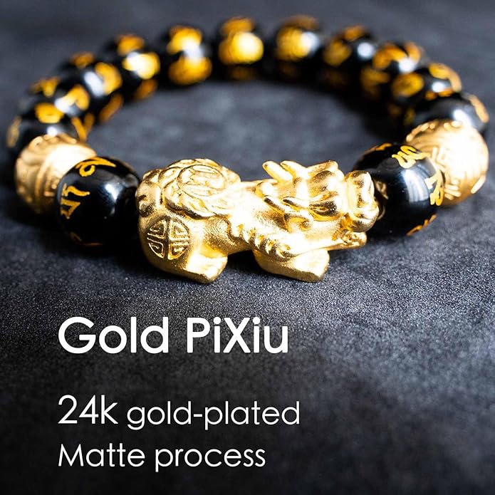 Feng Shui Bracelet 24K Gold Plated PiXiu, Colored Eyes Obsidian Dragon Protection Bracelet Meditation Decompression Prayer Beads Lucky Wealth Bracelets for Men Women(12mm)