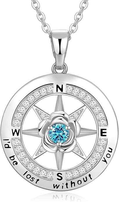 Silver Compass Necklace for Women Birthday Gifts for Wife Anniversary Necklace for Women Rose Flower Birthstone Necklaces for Wife Jewelry for Womens Girlfriend Mom Daughter