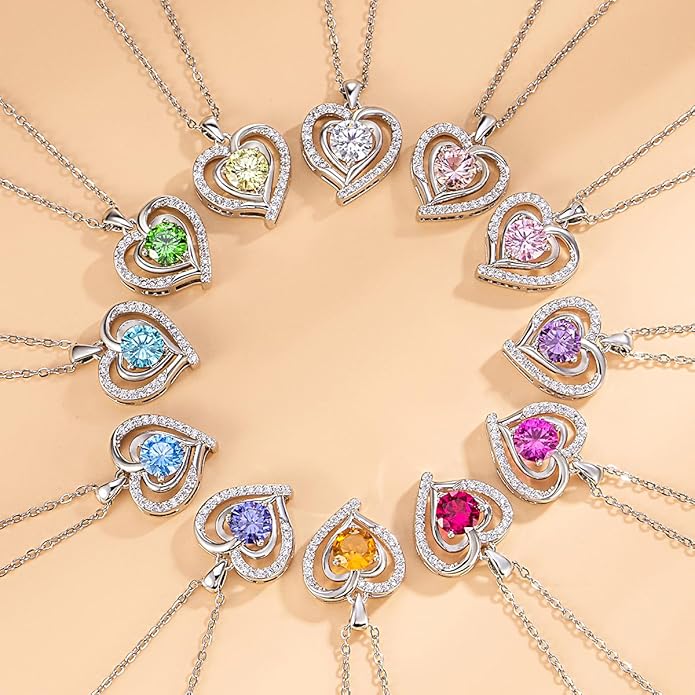 Heart Necklace, I Love You Always & Forever, Birthstone Cubic Zirconia Pendant, Gift for Women