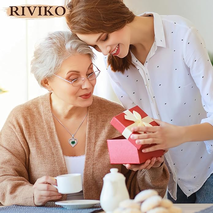 RIVIKO Heart Birthstone Pendant Necklace for Women 925 Sterling Silver Zirconia Necklaces Wedding Anniversary Birthday Mothers Day Jewelry Gifts For Her Mother Wife