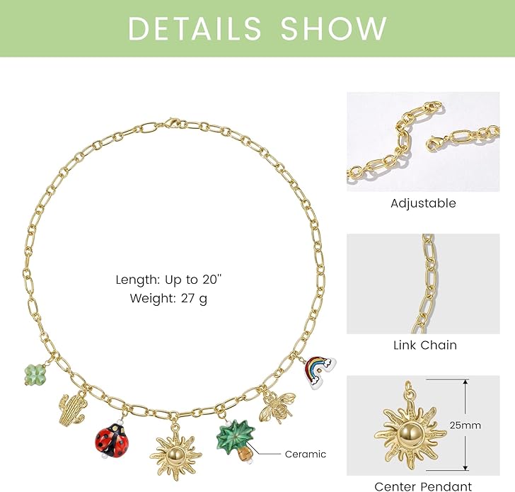 KissYan Charm Necklace for Women, 14K Gold Plated Heart Starfish Sun Pendant Fashion Link Chain Boho Summer Beach Jewelry Gifts