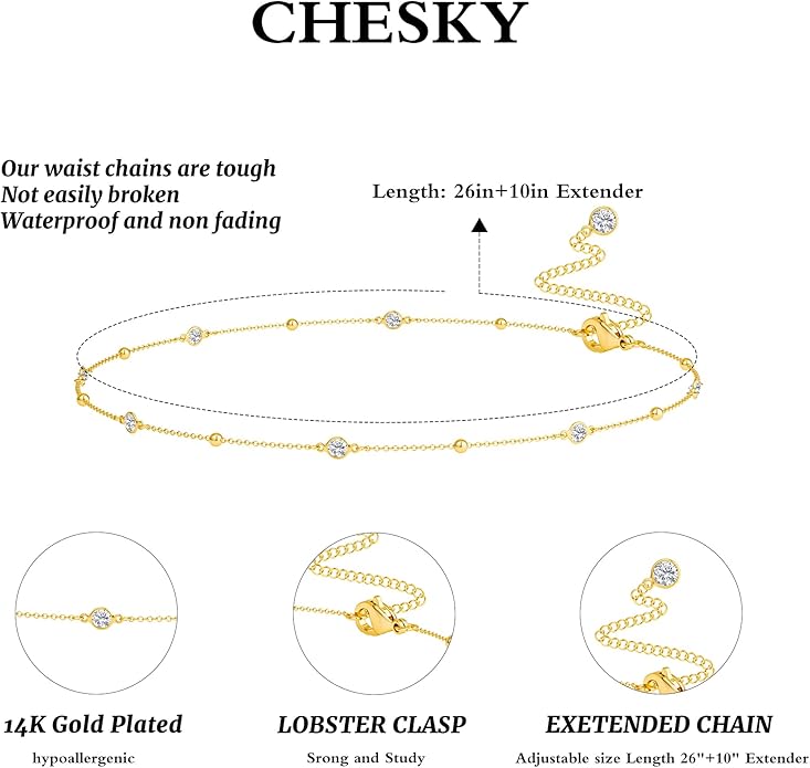CHESKY Gold Waist Chain, 14K Gold Plated Belly Chain Adjustable Waterproof Body Chain Sexy Bikini Waist Beads for Women Satellite Beads Diamond Pearl Coin Chain Dainty Body Chain Jewelry for Women